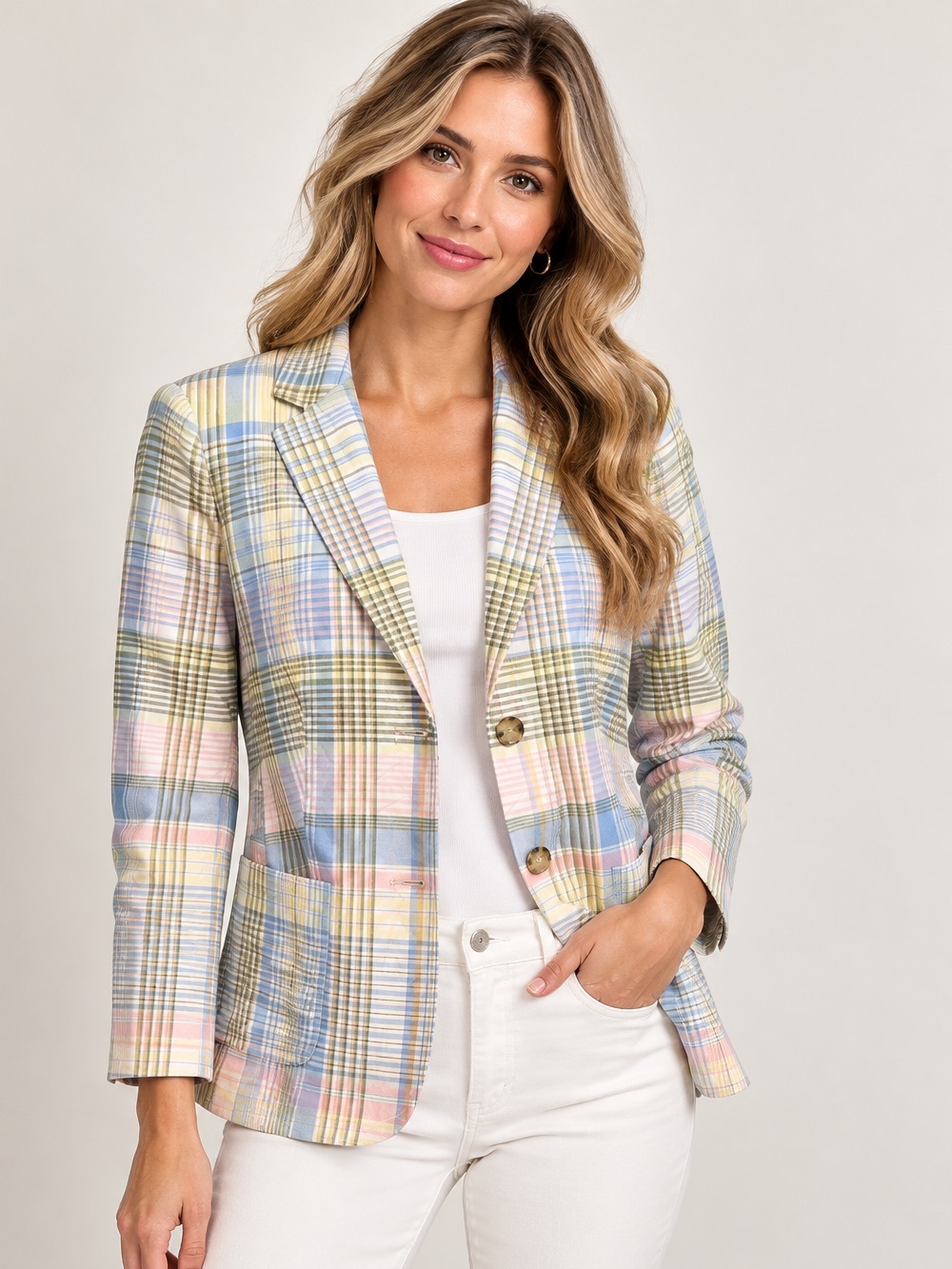 Talbots sz 12 pastel plaid linen and cotton blend blazer
